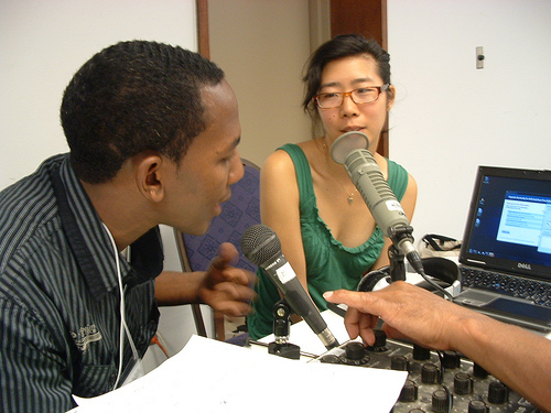 Woman doing radio interview